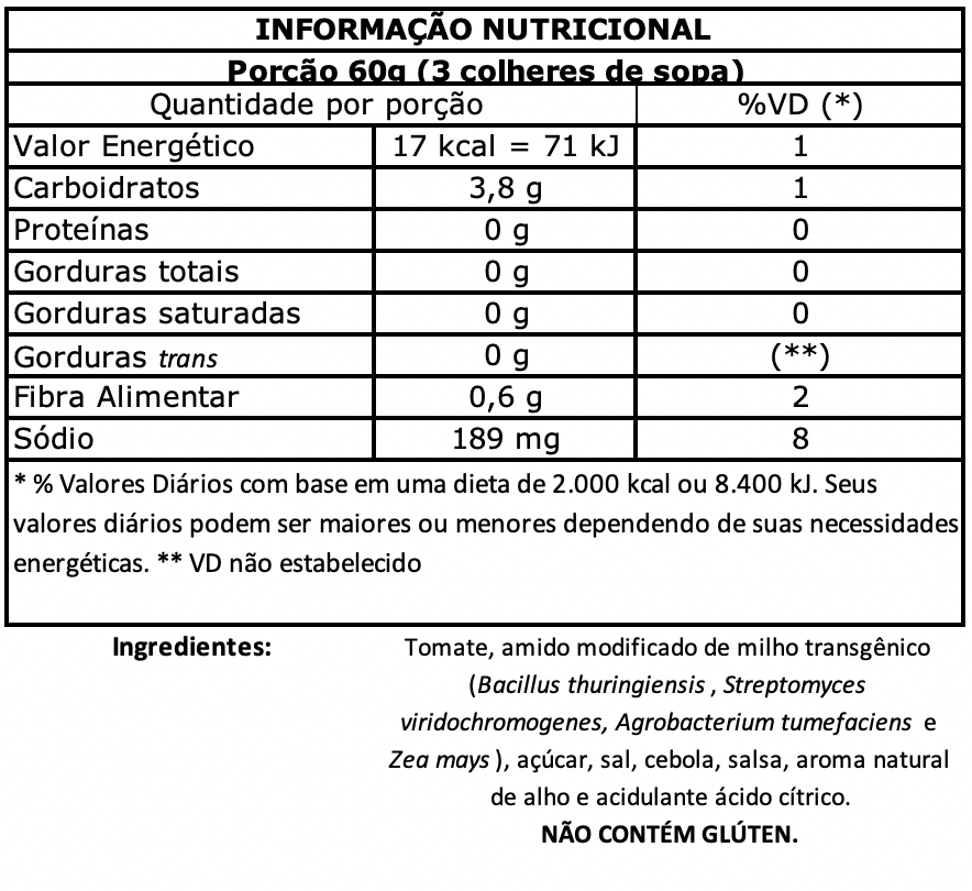 Nutritional value tarantella 520g