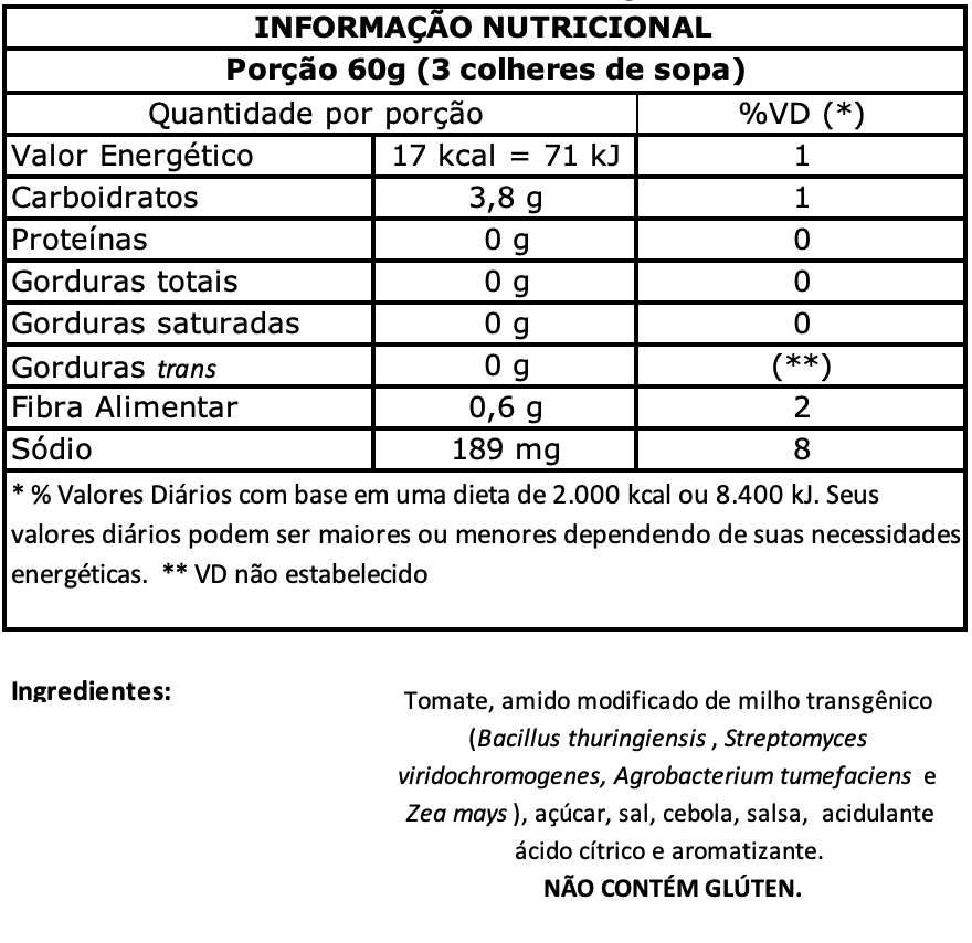 Nutritional value tarantella sache 340g