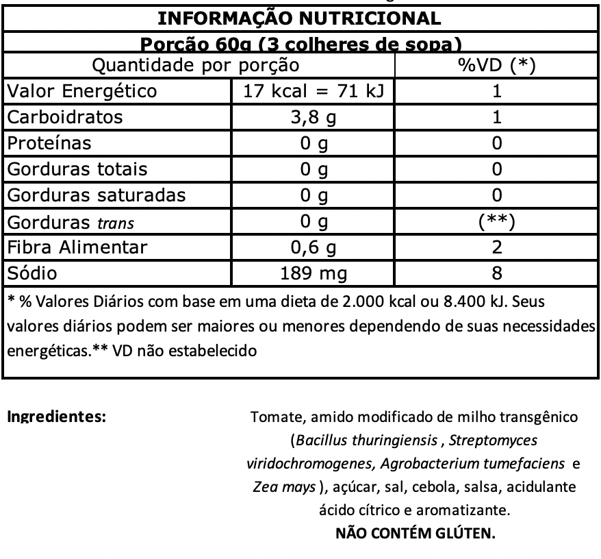 Nutritional value tarantella sache 520g